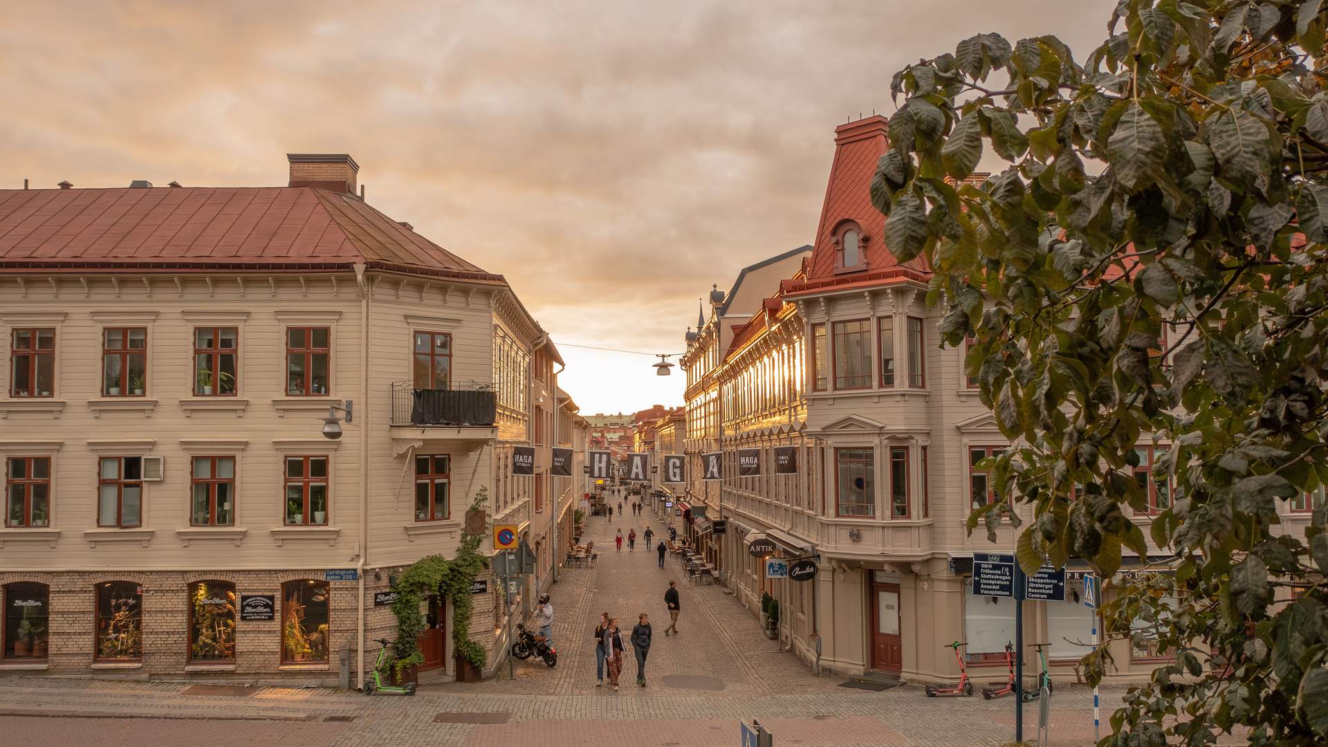 Gothenburg cityscape cobblestone street wooden bri