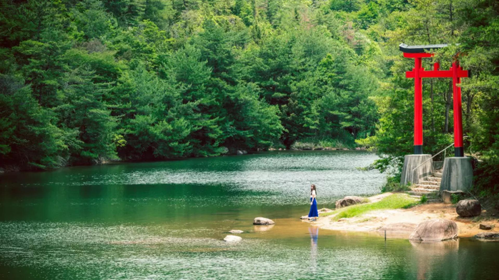 stone gazebo river view torii gate forest trail qu